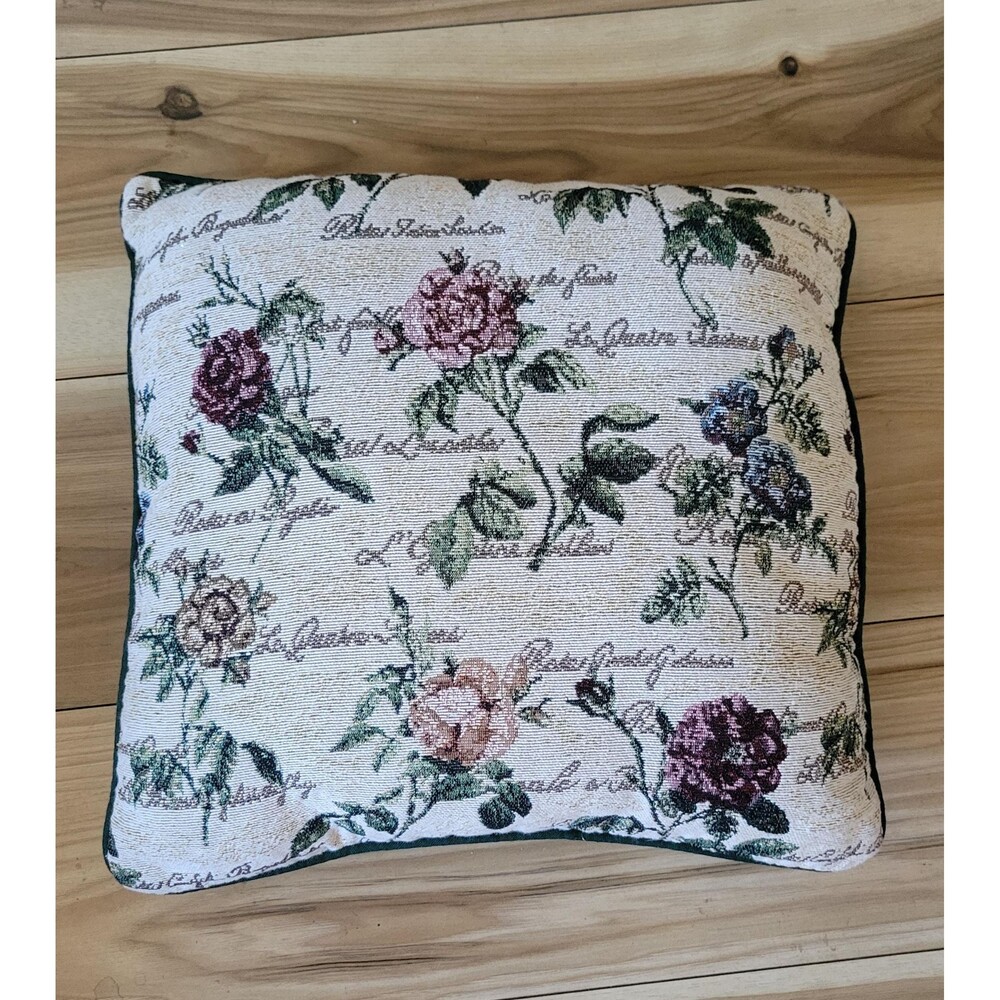 Vintage French Botanical Tapestry Rose Throw Pillow Accent Cushion, 15x15
